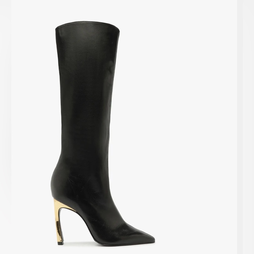 SCHUTZ Black Cate Heeled Boots with Gold Accents